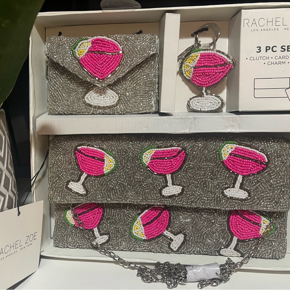 Rachel Zoe Silver Clutch with Pink Cocktail Beads
